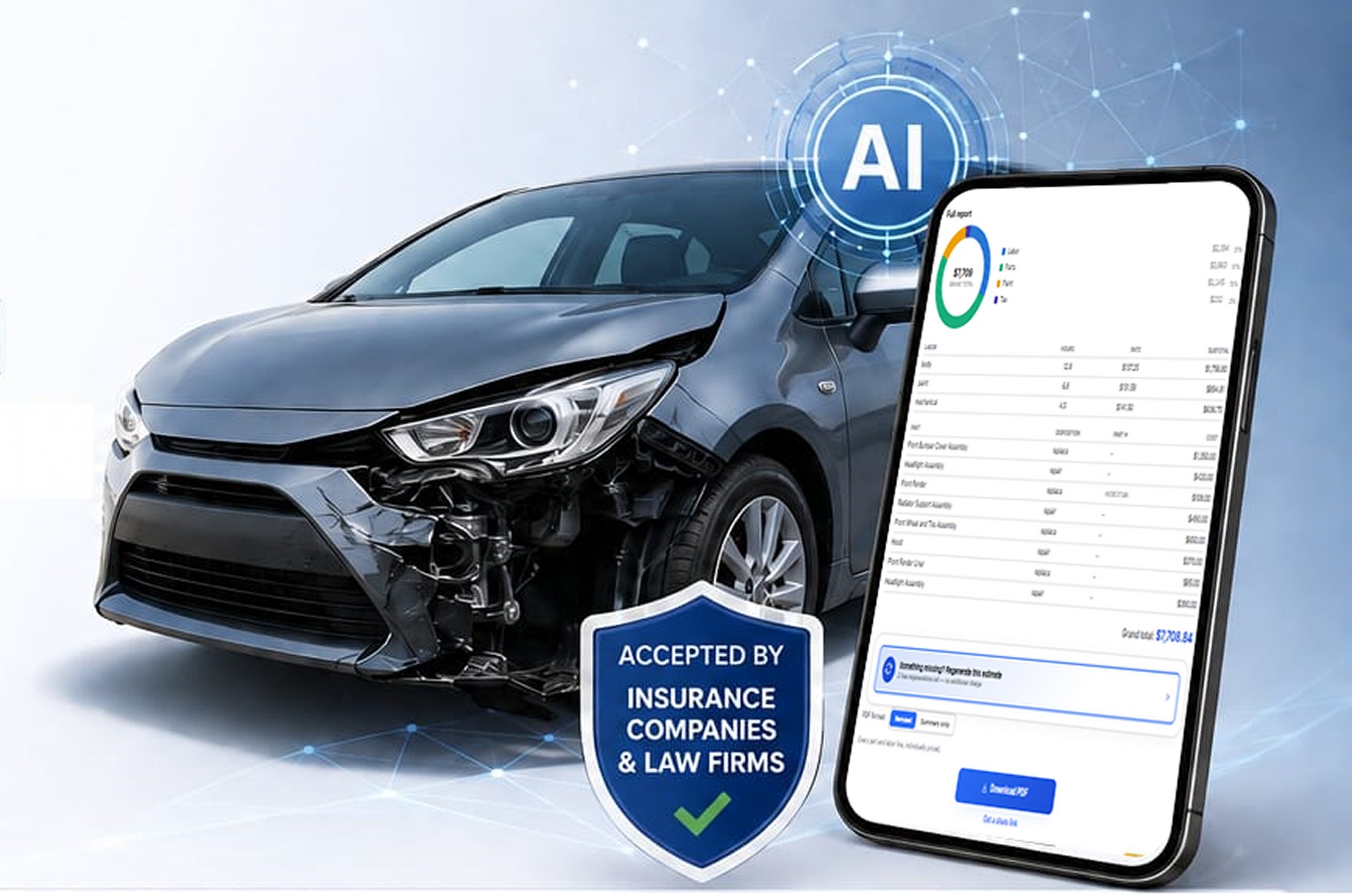 AI-generated collision repair estimate shown on a phone, next to a damaged vehicle